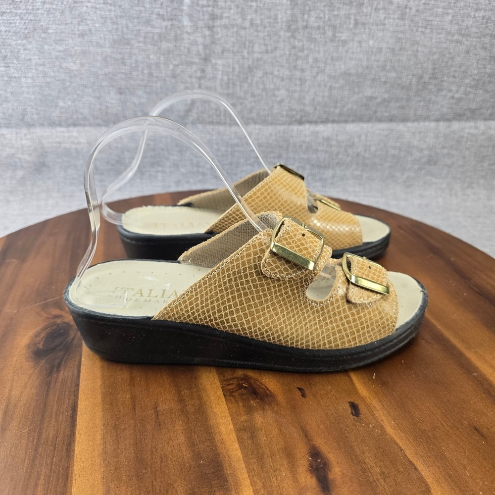 Italian Shoemakers Tan Slides Sandals Women's Size 8M Snake Print‎ Gold Buckle